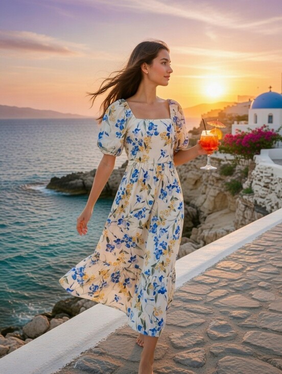 Express Dresses & Skirts - Floral Puff-Sleeve Maxi Dress - White with Blue & Yellow Blooms